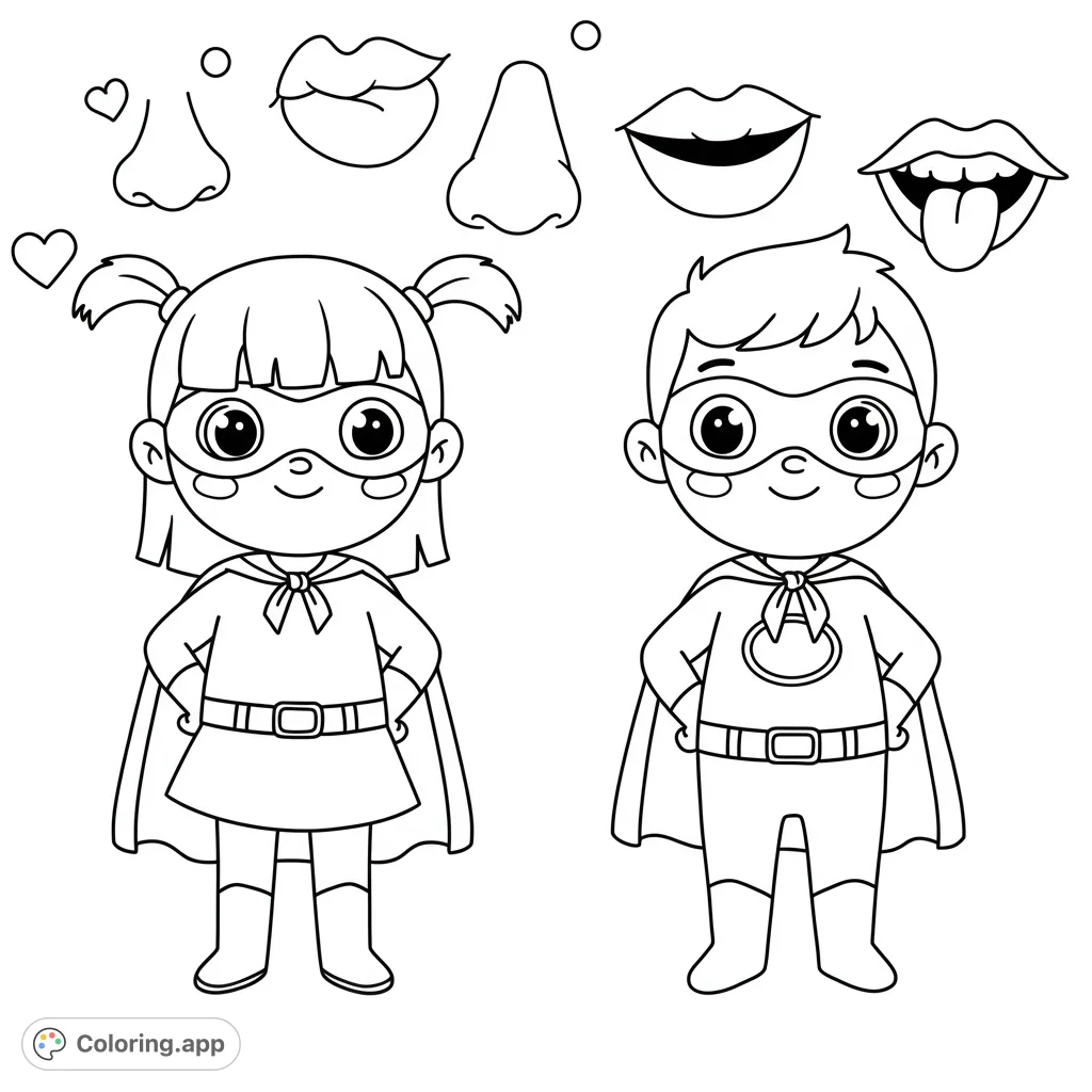 A delightful superhero coloring page featuring a happy girl and boy in capes, with whimsical facial features in the background. Perfect for kids!