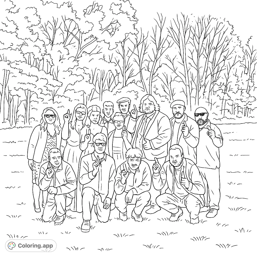 A dynamic group of friends striking poses in a grassy field with trees, perfect for a fun and expressive coloring experience. Capture their unique personalities!