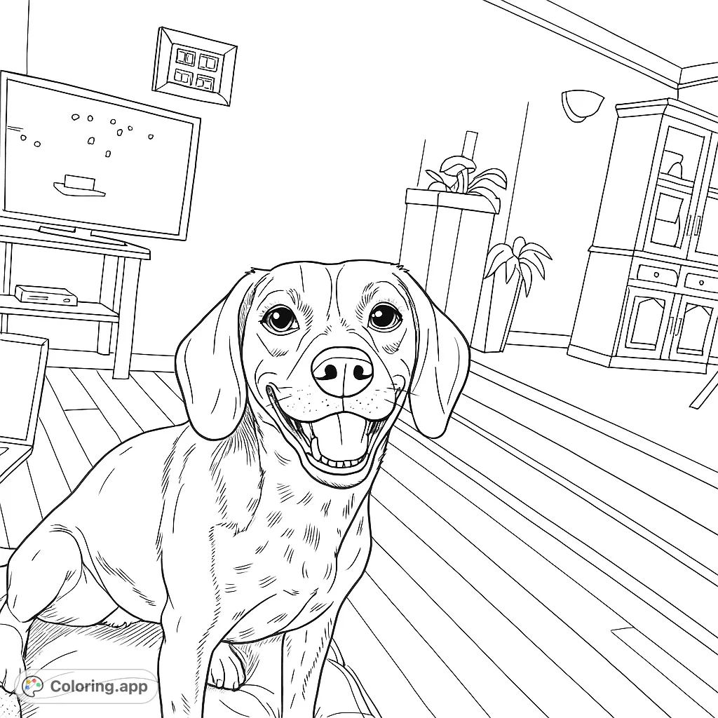 A cheerful beagle dog sitting indoors, ready for a splash of color. Perfect for dog lovers and all ages to enjoy this happy pet.