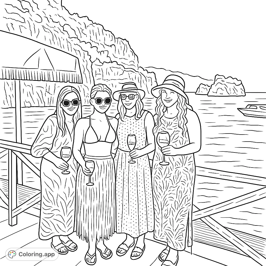 Four friends enjoying a sunny boat trip along a scenic coastline, perfect for a relaxing summer coloring escape with intricate details.