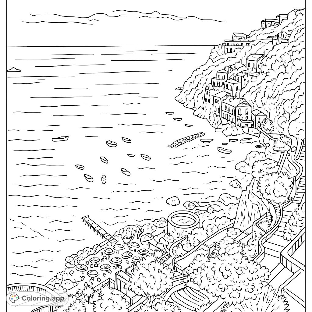 Explore a stunning Italian cliffside village with charming buildings, a bustling bay filled with boats, and a lively beach scene, perfect for detailed coloring.