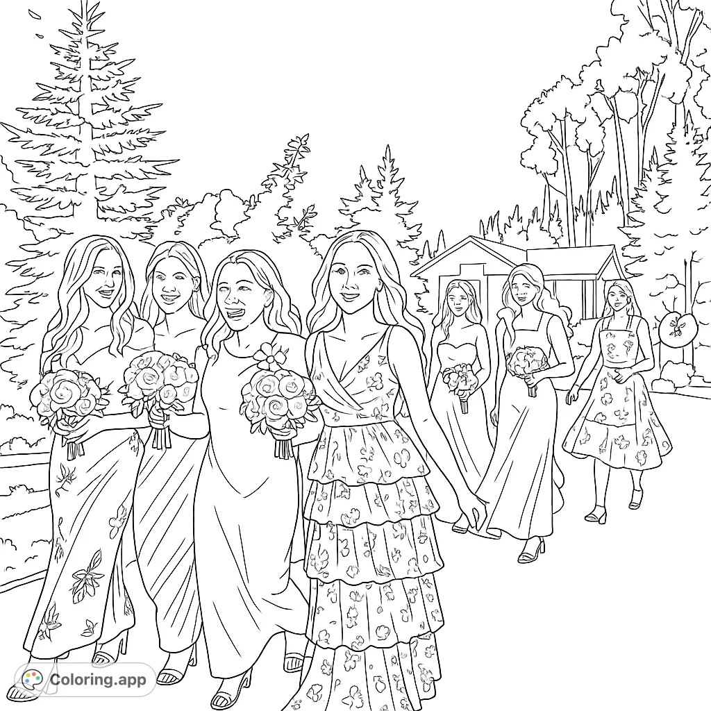 A delightful bridesmaids coloring page featuring a joyful group in elegant dresses, holding bouquets, walking through a scenic outdoor setting.
