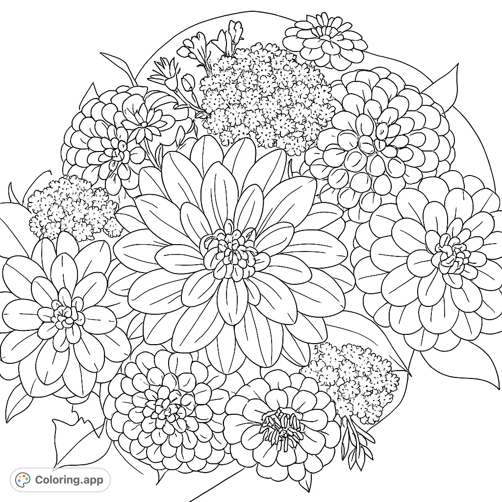 A beautiful, detailed floral bouquet featuring various dahlias and delicate filler flowers, perfect for a relaxing coloring experience. Explore intricate petals and lush foliage.