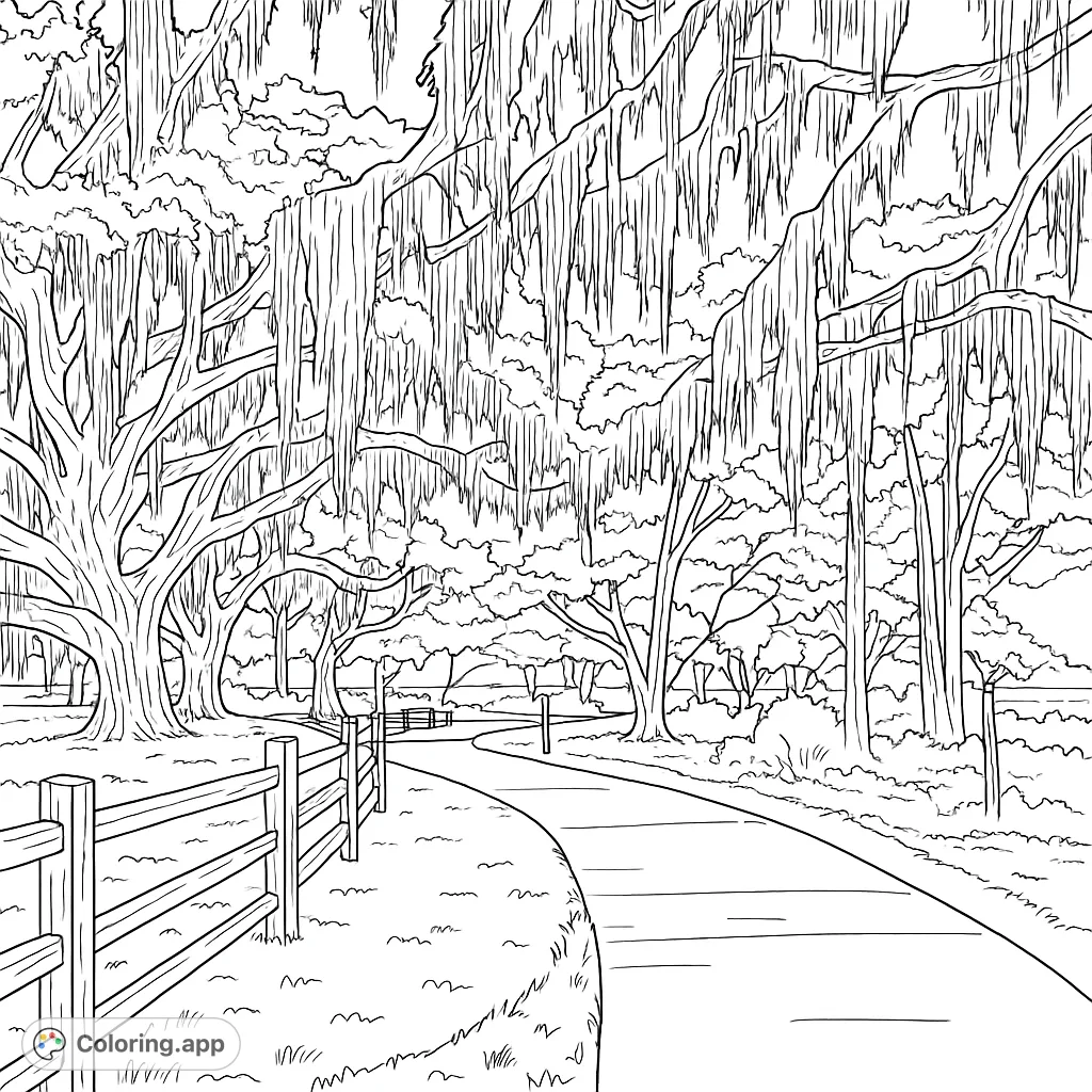 A tranquil path winds through ancient moss-draped trees towards a serene lake at sunset. Perfect for a peaceful nature coloring escape.
