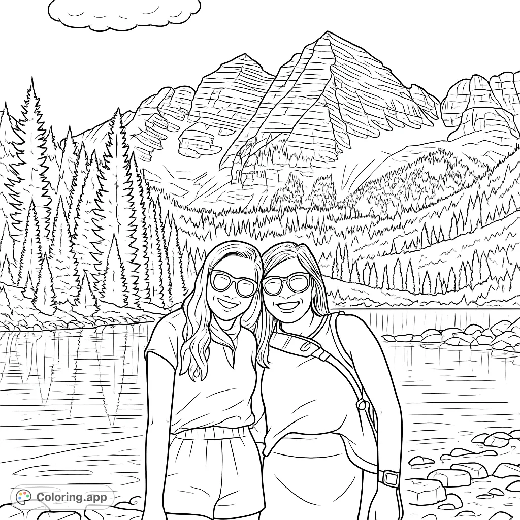Two friends pose by a serene mountain lake with majestic peaks and dense forests. A beautiful nature scene for a relaxing coloring experience.