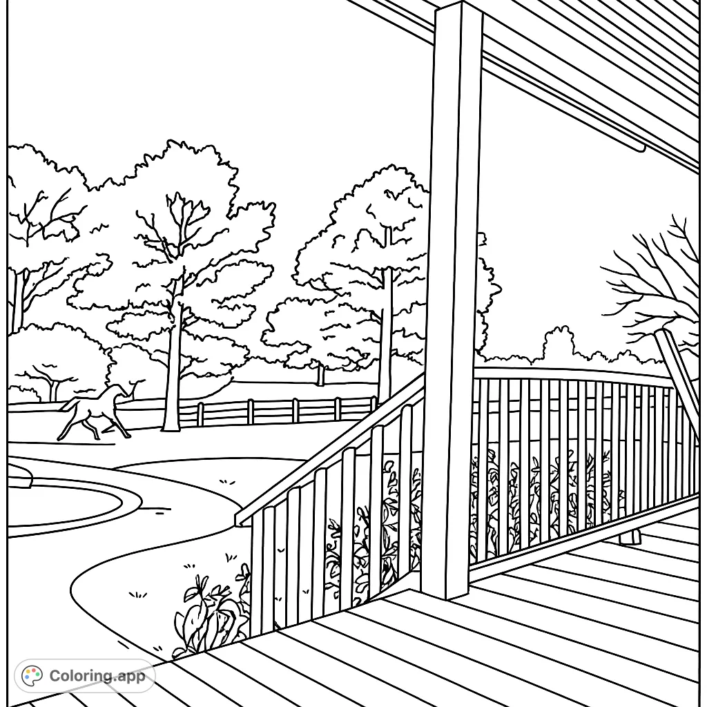 Relaxing porch view with a pool, horse statue, and serene lake. Perfect for a peaceful countryside coloring escape.