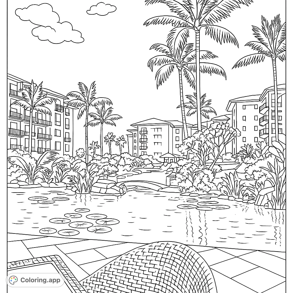 Escape to a tropical resort oasis with a serene pond, lush palm trees, and grand buildings. A detailed scene perfect for relaxation.