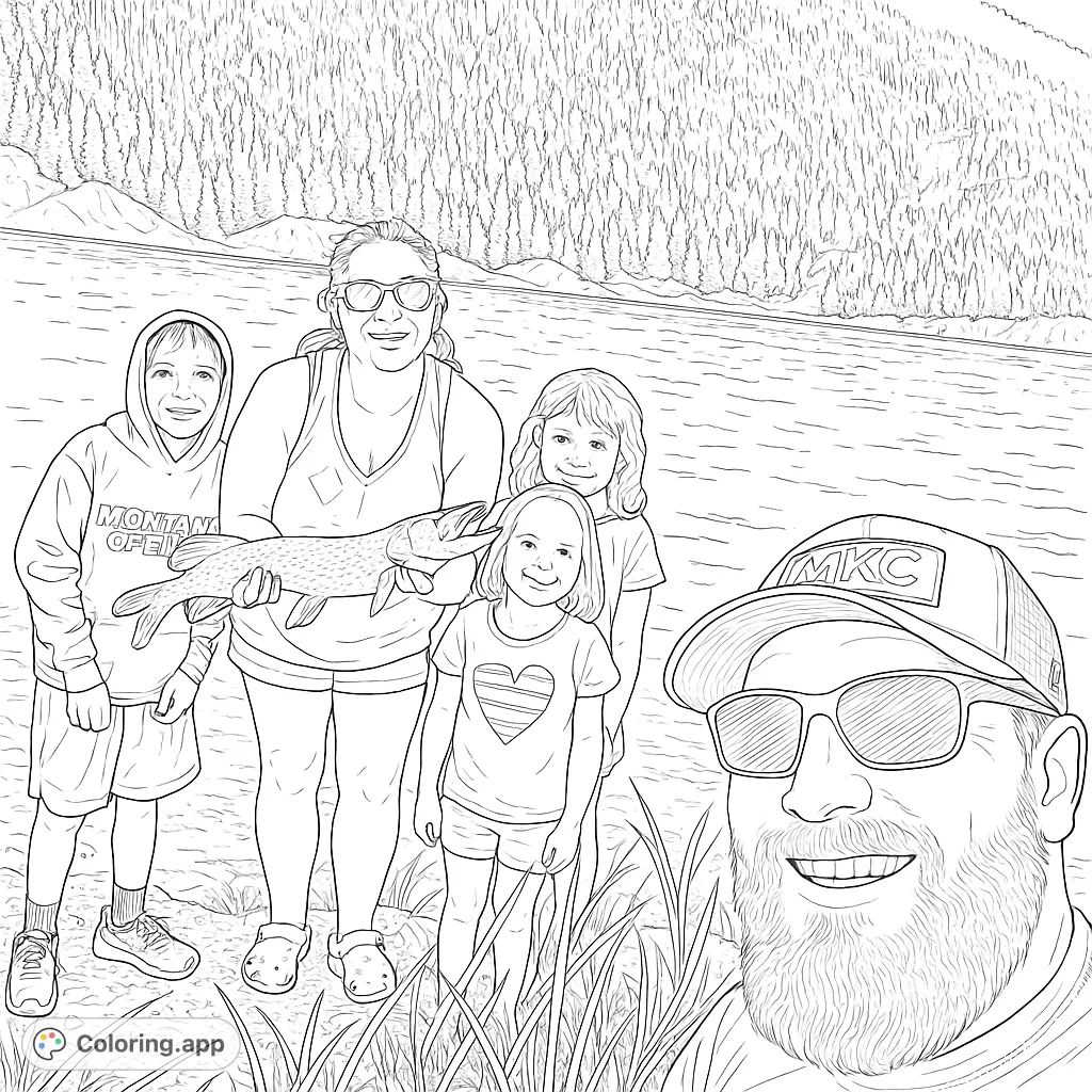 Capture a joyful family fishing moment by the lake. This detailed coloring page features a family, their big catch, and a scenic mountain backdrop.
