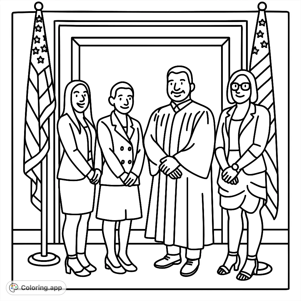Color a professional group standing formally with flags, perfect for all ages. A simple, cartoony design for a fun and engaging coloring experience.