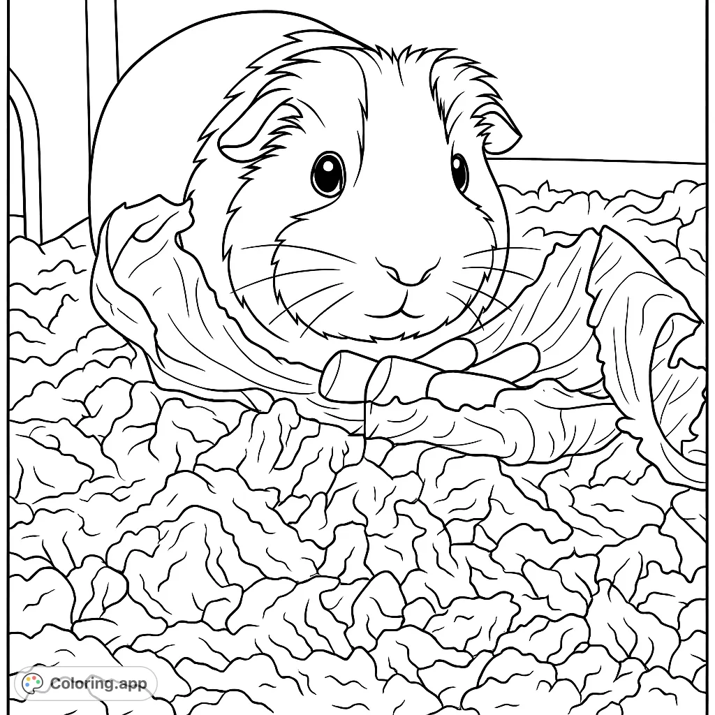 A charming guinea pig enjoys fresh lettuce and carrots on a textured bedding, perfect for a delightful coloring adventure.