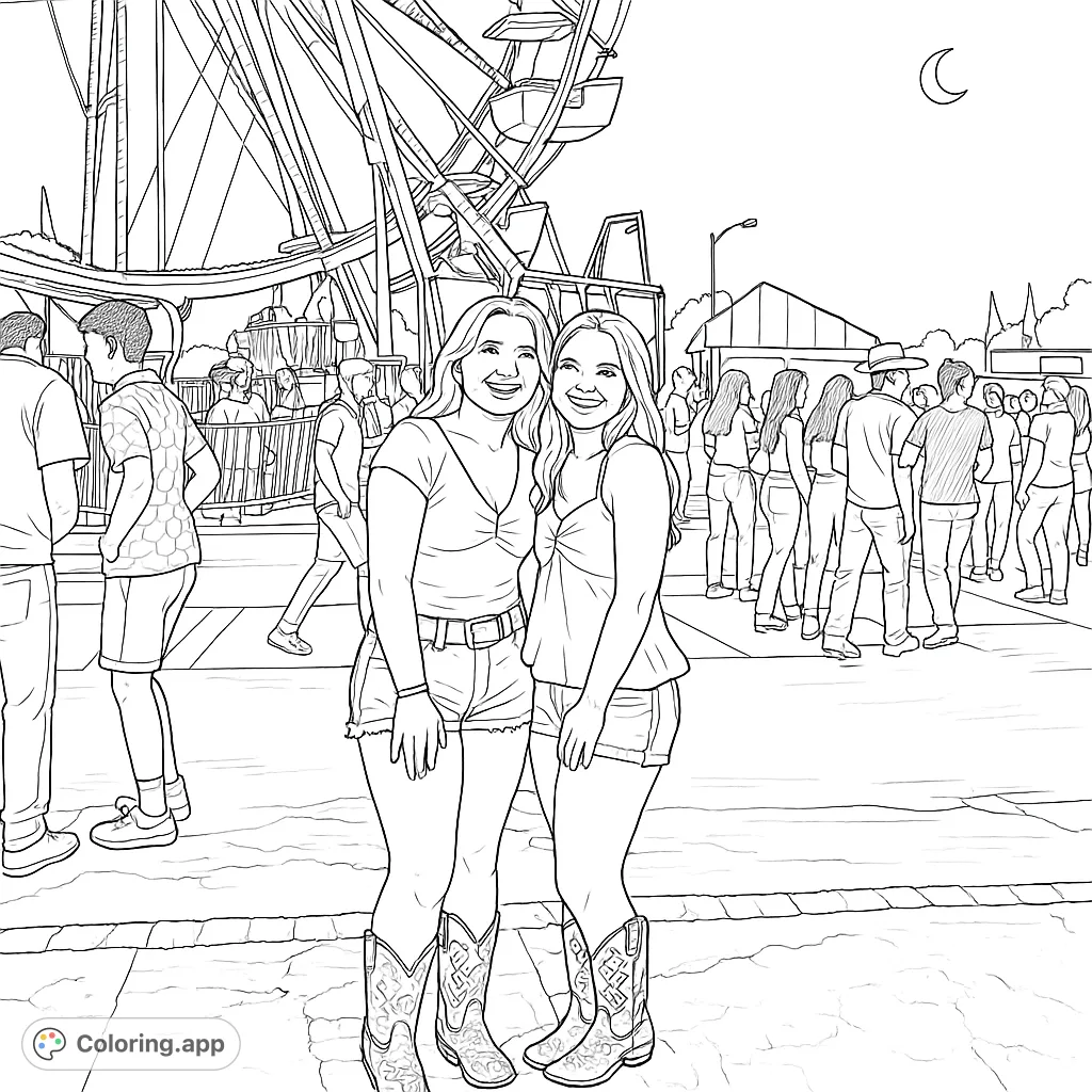 Two friends at a lively fairground, with a towering Ferris wheel and bustling crowd, ready for a fun coloring adventure.