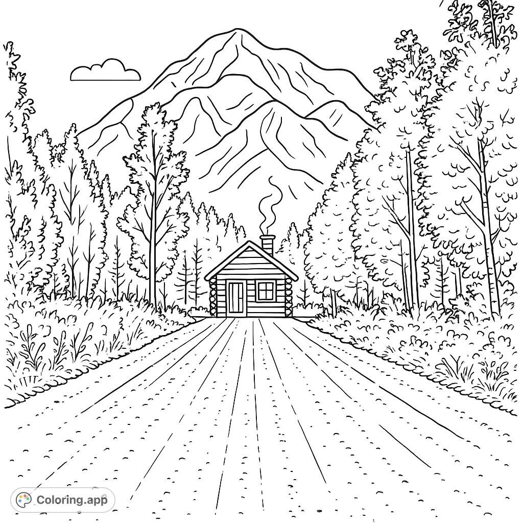 Discover the Alaskan wilderness coloring page, a free printable featuring a winding road, cozy log cabin, and majestic Mt. McKinley. A nature landscape coloring page for kids and adults.