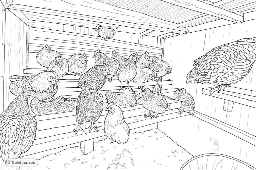 A lively farm scene featuring numerous chickens roosting in their cozy wooden coop. Perfect for farm animal lovers of all ages!