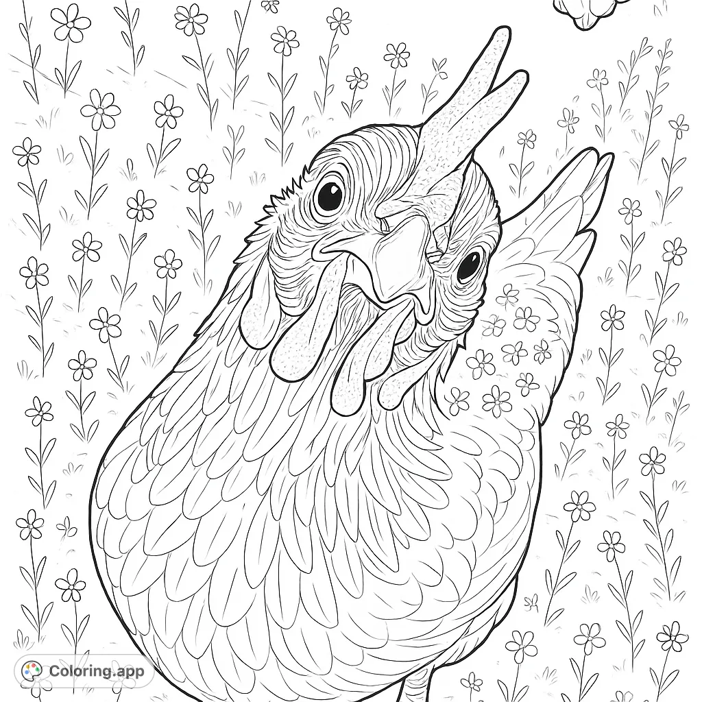 A charming chicken coloring page featuring a curious poultry portrait amidst a rustic farm setting. Free printable chicken coloring page for all ages!