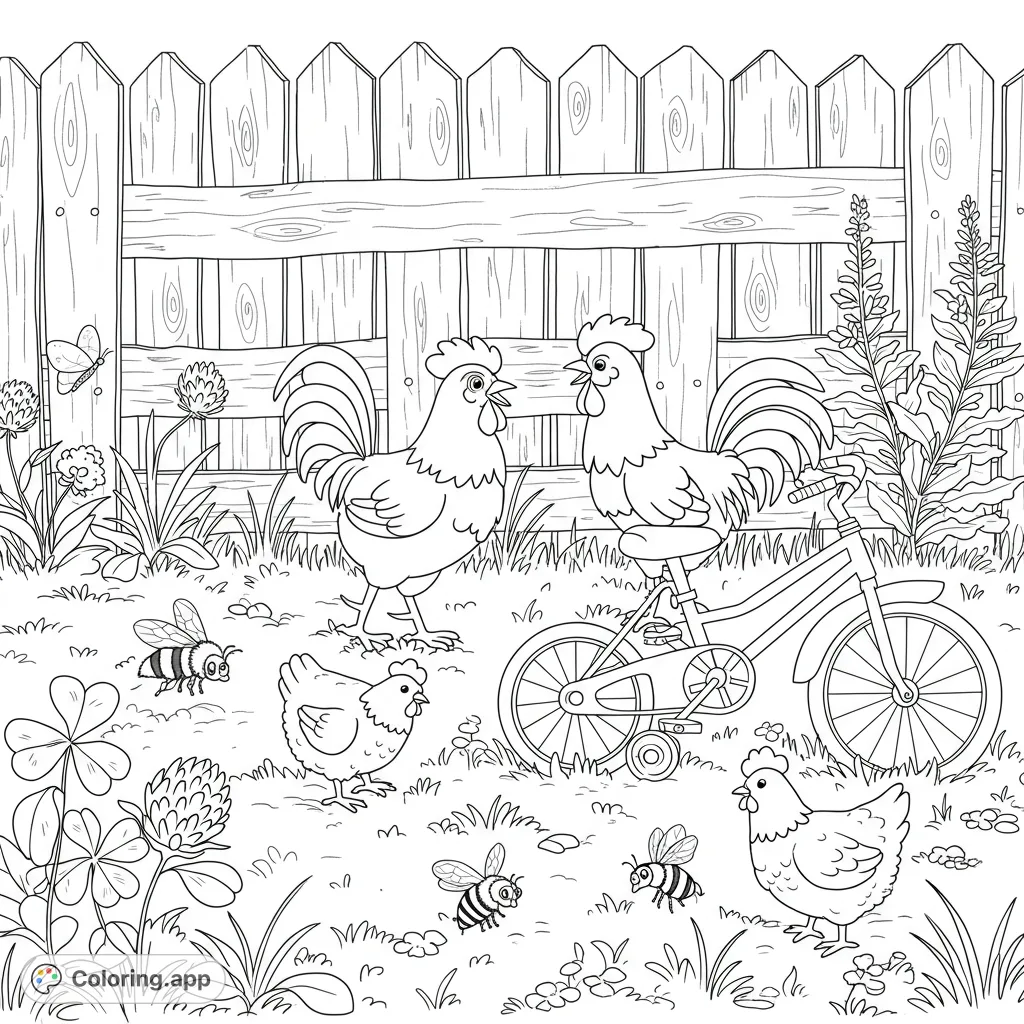 Discover a charming farmyard scene with playful roosters, busy bees, delicate butterflies, and lush flowers, perfect for a delightful coloring experience.