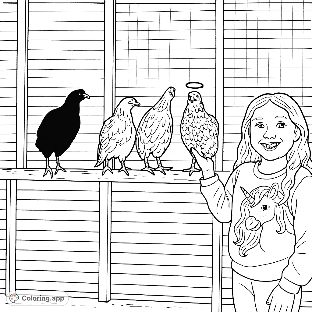 A cheerful girl with her feathered friends. Four chickens, one held by the girl, perch on a beam in a coop setting. A delightful farm scene.