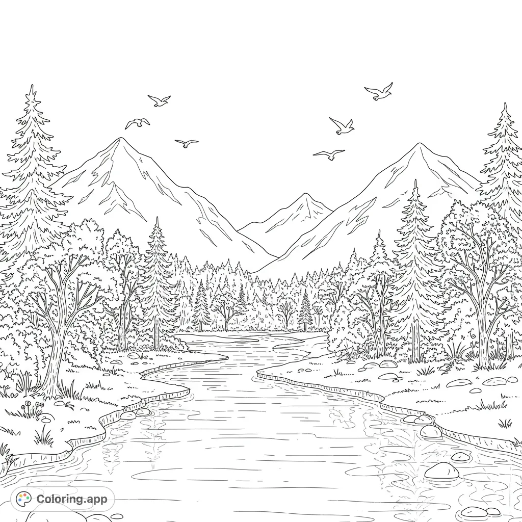 A beautiful nature coloring page featuring a serene river flowing through dense woods, with majestic mountains in the background and birds soaring above.