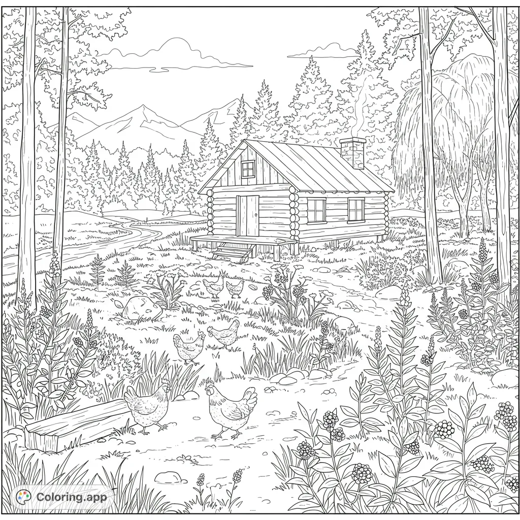 Explore a peaceful log cabin scene with foraging chickens, a flowing creek, and majestic mountains. A simple nature coloring page for all ages.