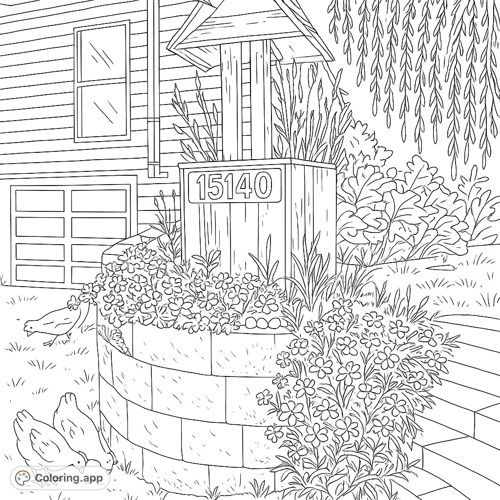 A charming house with a rustic well, vibrant flowers, willow trees, and chickens pecking, offering a delightful coloring page.