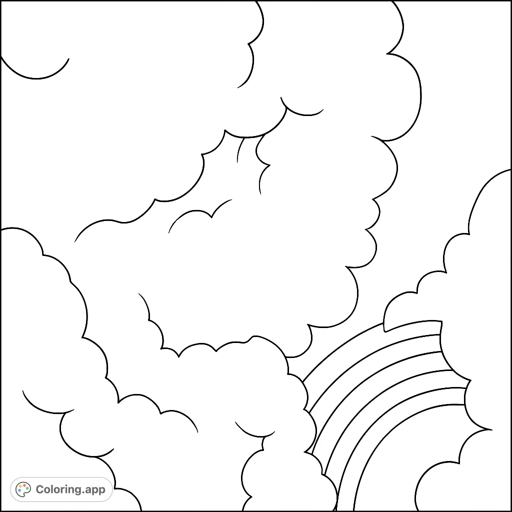Explore a serene sky filled with soft clouds and a subtle atmospheric light arc. A peaceful cloudscape coloring page for relaxation and creative expression.