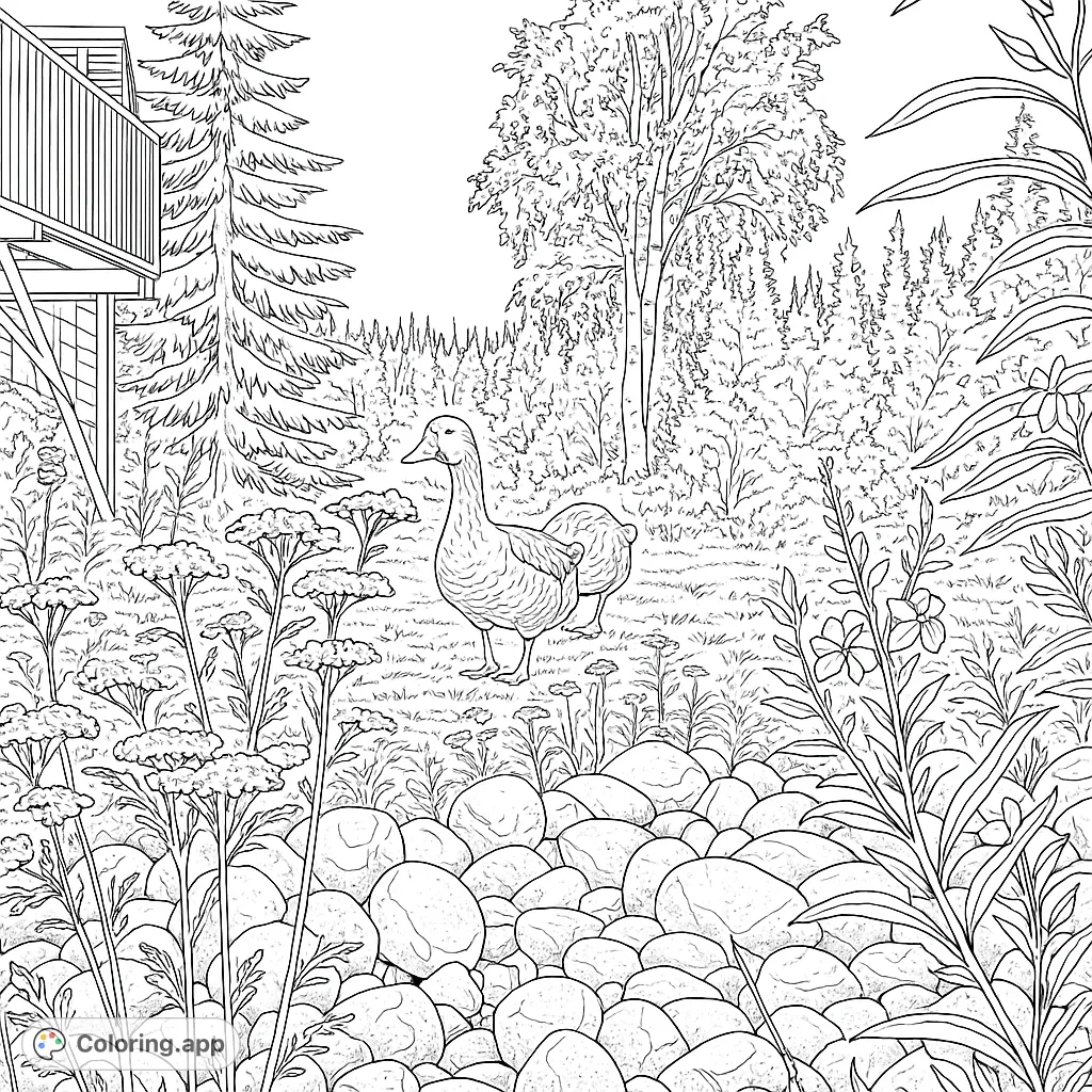 Discover a serene wild geese landscape coloring page featuring two geese amidst natural foliage, a pile of rocks, and distant trees. A peaceful scene for all ages.