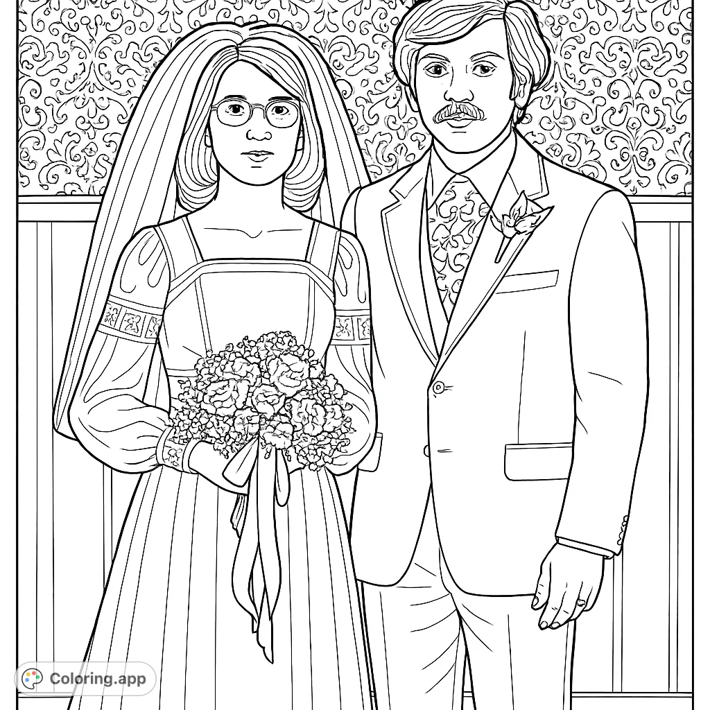 A beautiful wedding couple, the bride in a flowing gown with a bouquet, the groom in a classic suit, ready for a joyous celebration.