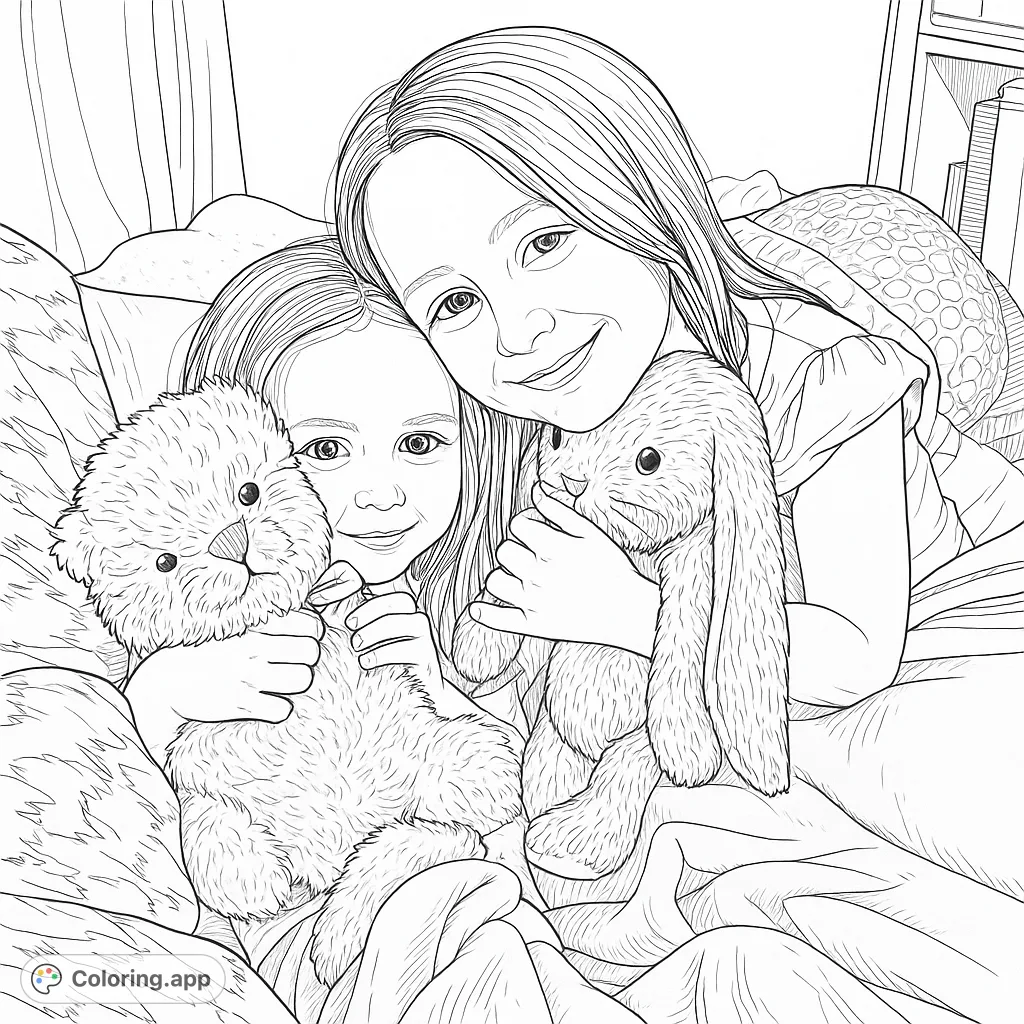 Two happy children cuddle with their favorite stuffed animals on a cozy bed, ready for a relaxing coloring adventure. A heartwarming scene of comfort and companionship.