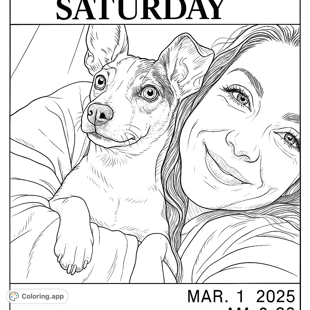 A heartwarming dog coloring page featuring a small, alert dog lovingly held by its owner. Perfect for pet lovers and all ages.