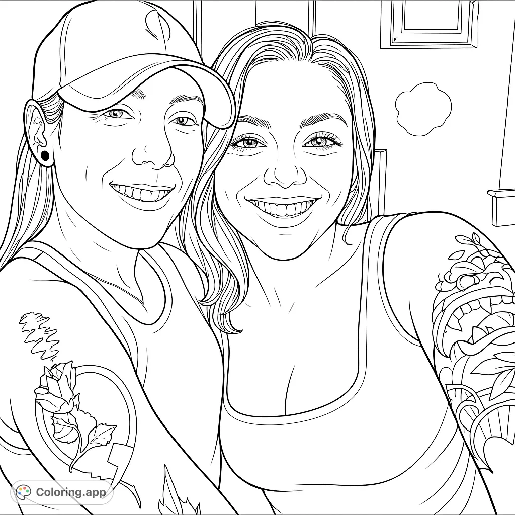A heartwarming coloring page featuring two smiling friends, showcasing their unique arm tattoos. Perfect for personal expression and creative relaxation.