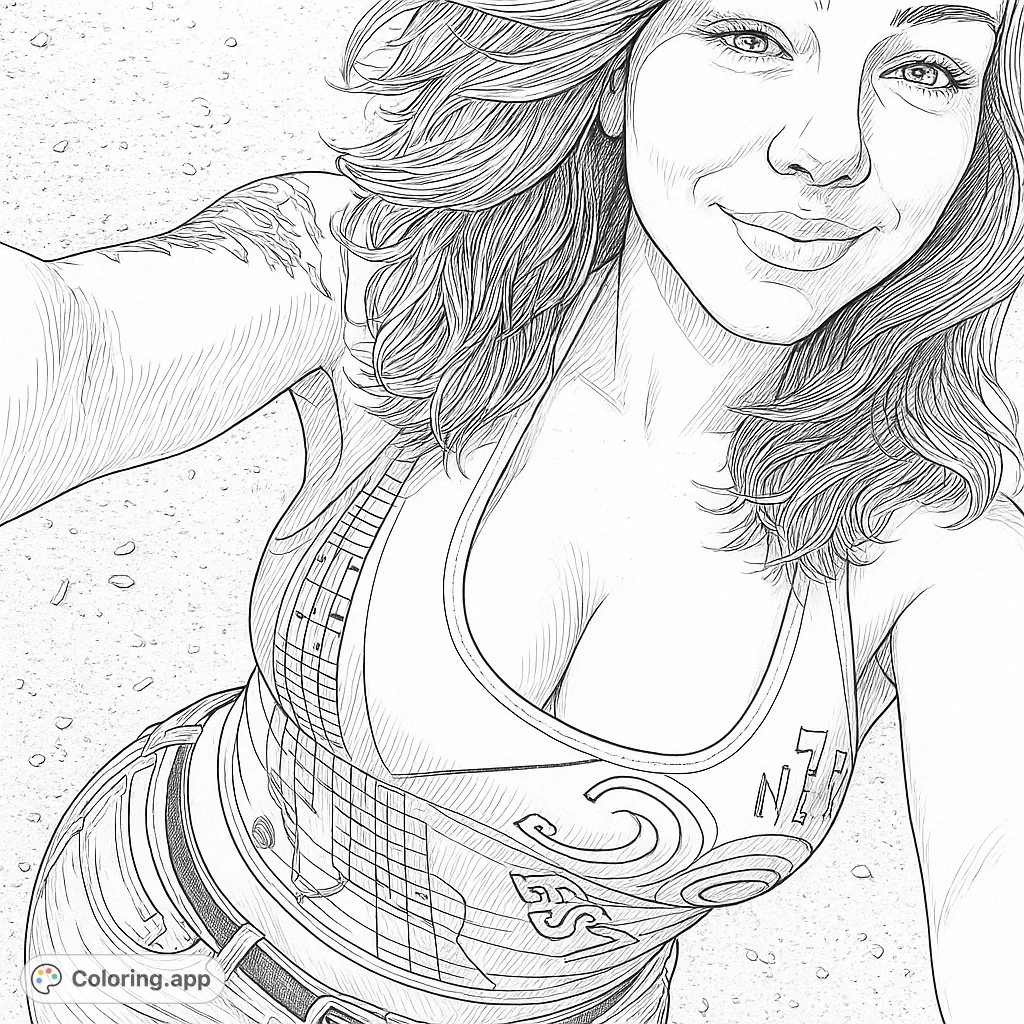 Capture the essence of a modern woman with this detailed portrait coloring page. Features a fashionable tank top and intricate tattoo, perfect for adult colorists.