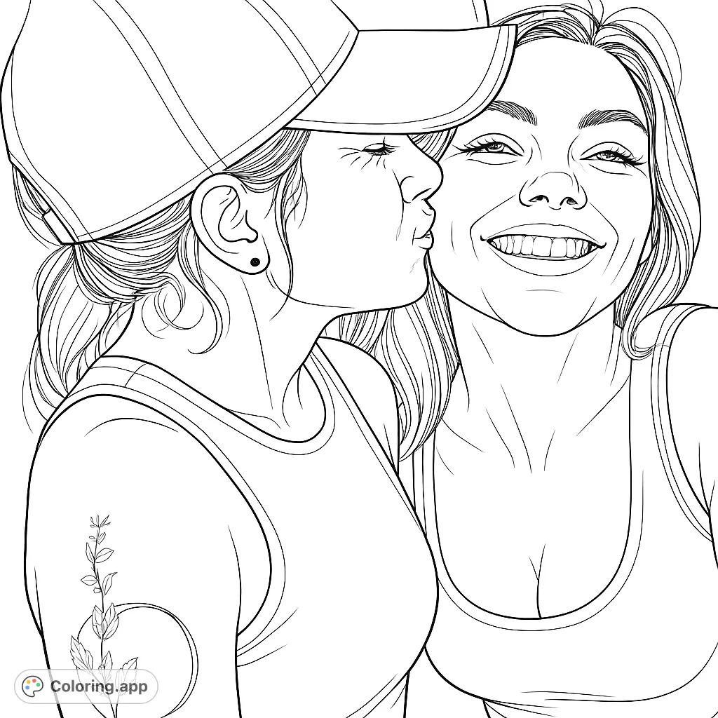 A heartwarming coloring page featuring two women sharing a tender kiss, perfect for celebrating love and connection and exploring realistic portraiture.