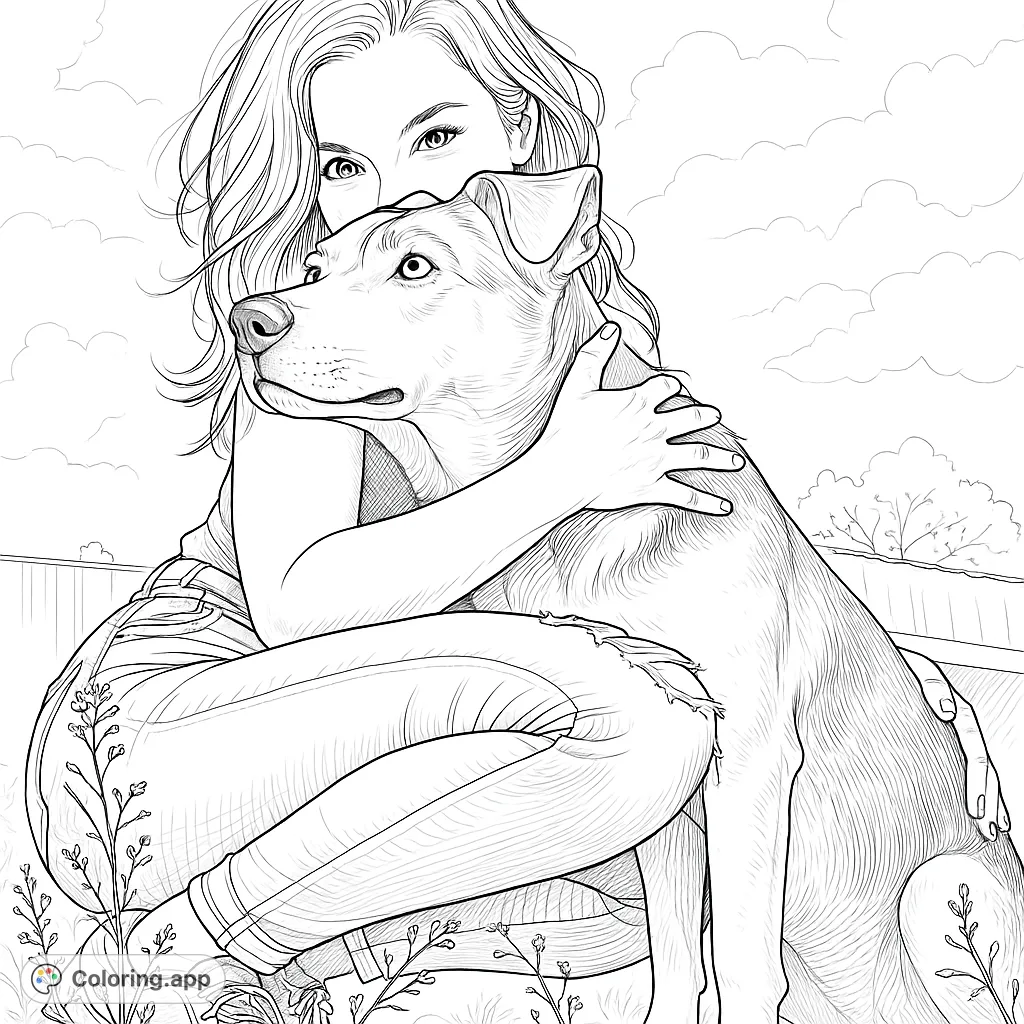 A heartwarming coloring page featuring a woman lovingly embracing her dog, perfect for pet lovers. Enjoy coloring realistic details and expressive poses.