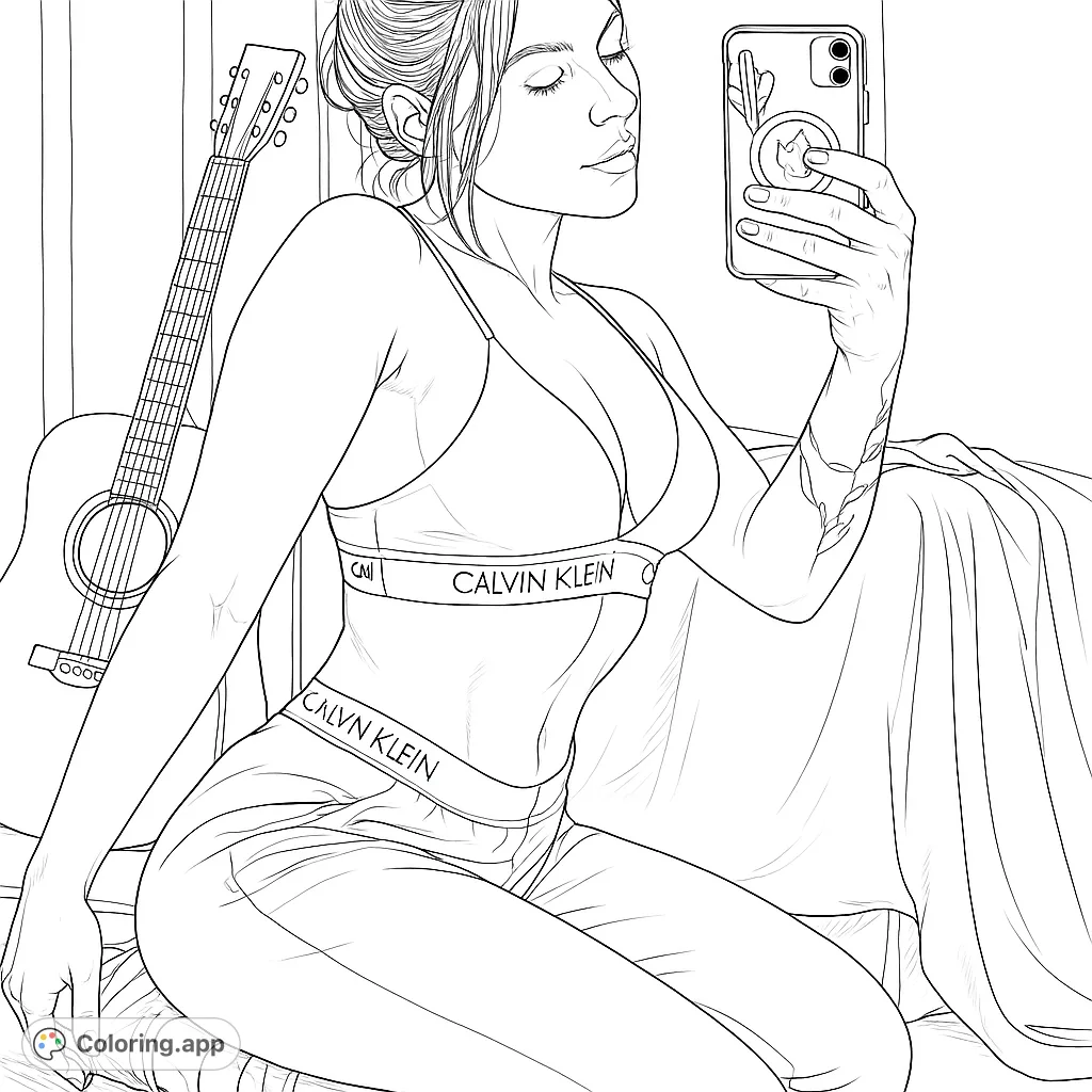 A realistic portrait of a woman taking a selfie, featuring detailed clothing, tattoos, and a guitar in the background. Perfect for adult colorists.
