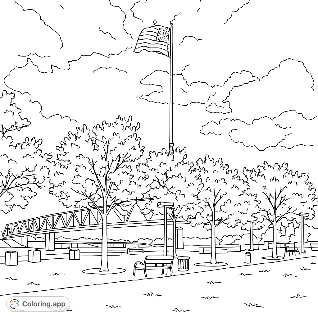 A patriotic park scene featuring a waving American flag, lush trees, a river, and a grand bridge, perfect for a relaxing coloring experience.