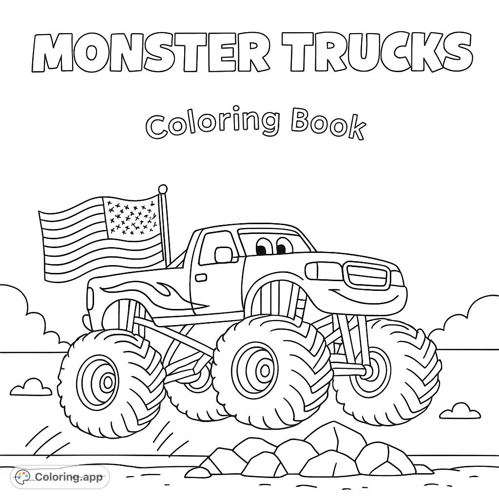 A thrilling monster truck coloring page featuring a friendly truck jumping over rocks on a beach, with an American flag. Perfect for kids!