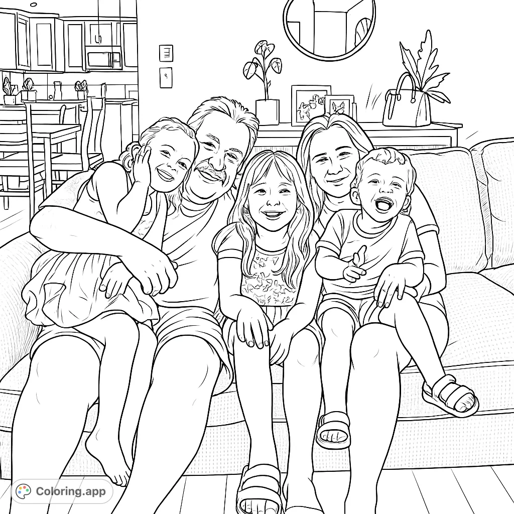 A heartwarming family scene featuring two adults and three children smiling on a cozy sofa, perfect for a joyful coloring experience.