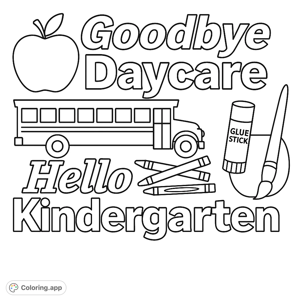 A fun daycare and kindergarten coloring page featuring school supplies like a bus, apple, crayons, and glue stick, perfect for young learners.