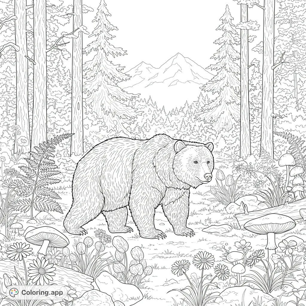 A majestic bear explores a vibrant forest filled with ferns, toadstools, and wildflowers, set against a backdrop of towering cedar trees and distant mountains. Perfect for nature lovers.