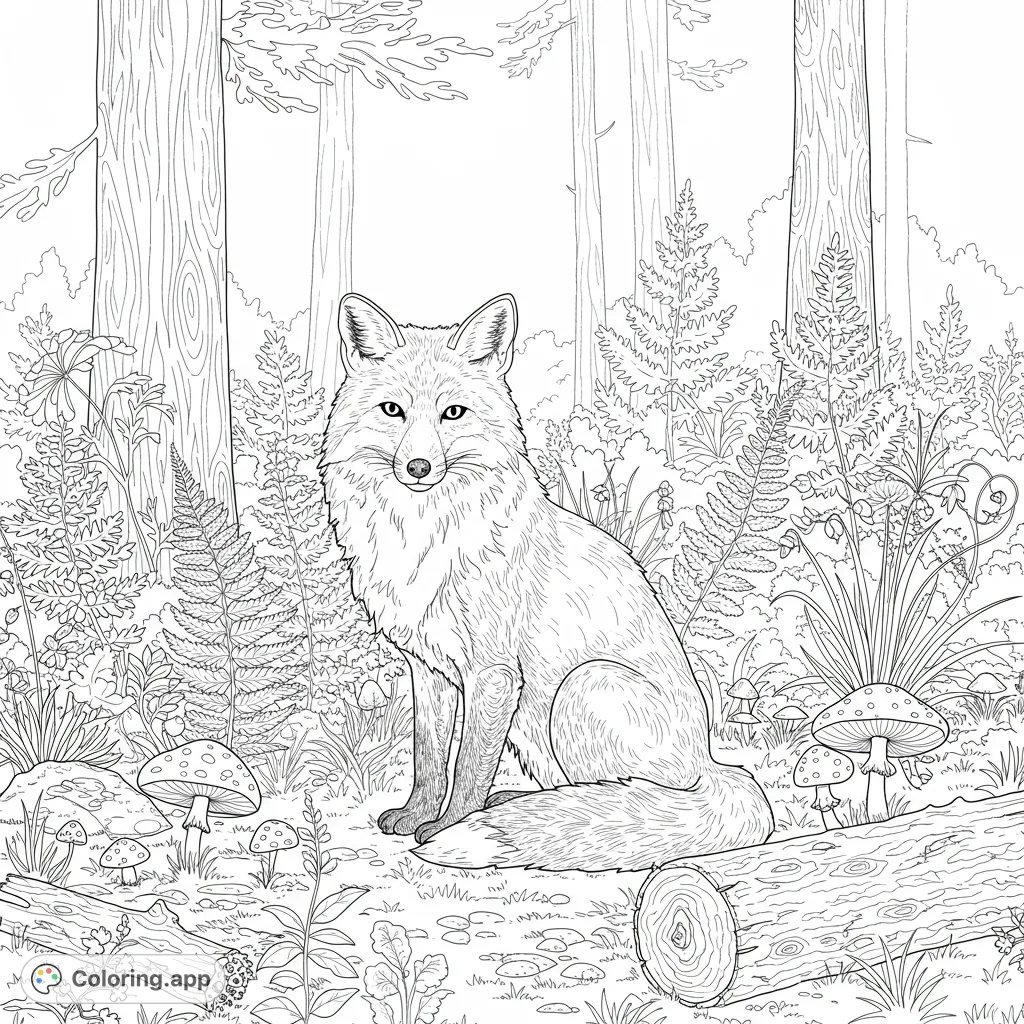 A beautiful fox rests in a detailed forest scene, featuring ferns, toadstools, and trees. A perfect free printable nature coloring page for all ages.
