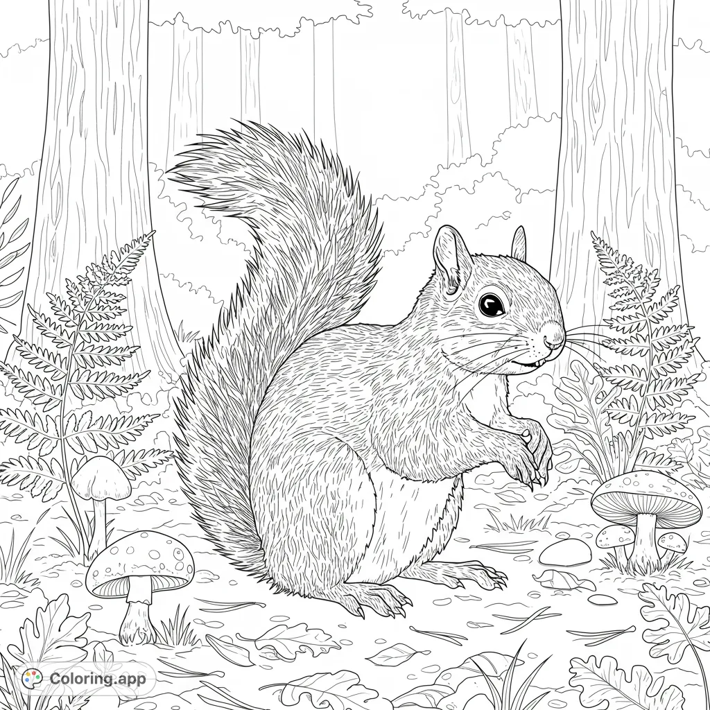 A charming black and white forest squirrel coloring page, perfect for nature lovers. Features a detailed squirrel amidst ferns, toadstools, and cedar trees.