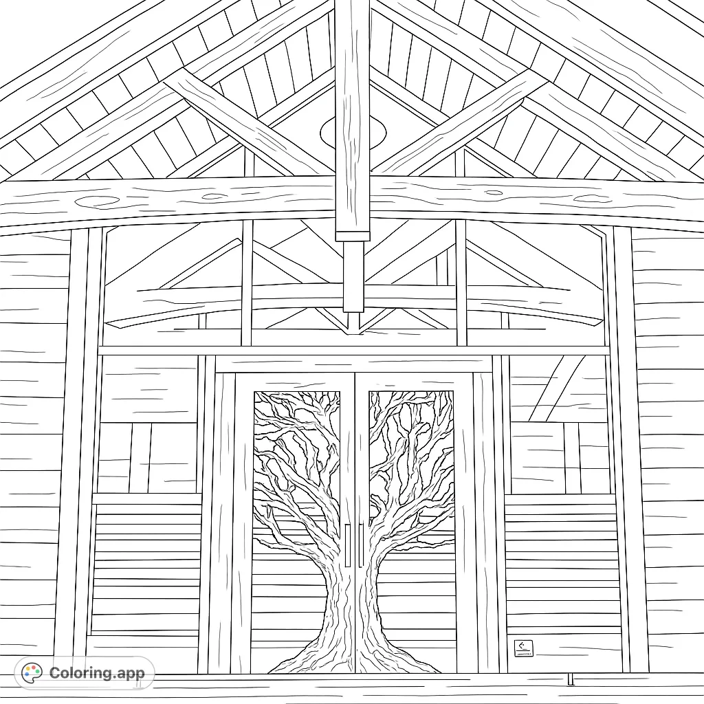 A majestic architectural coloring page featuring a grand wooden building with intricately carved tree doors, large reflective windows, and exposed timber beams.
