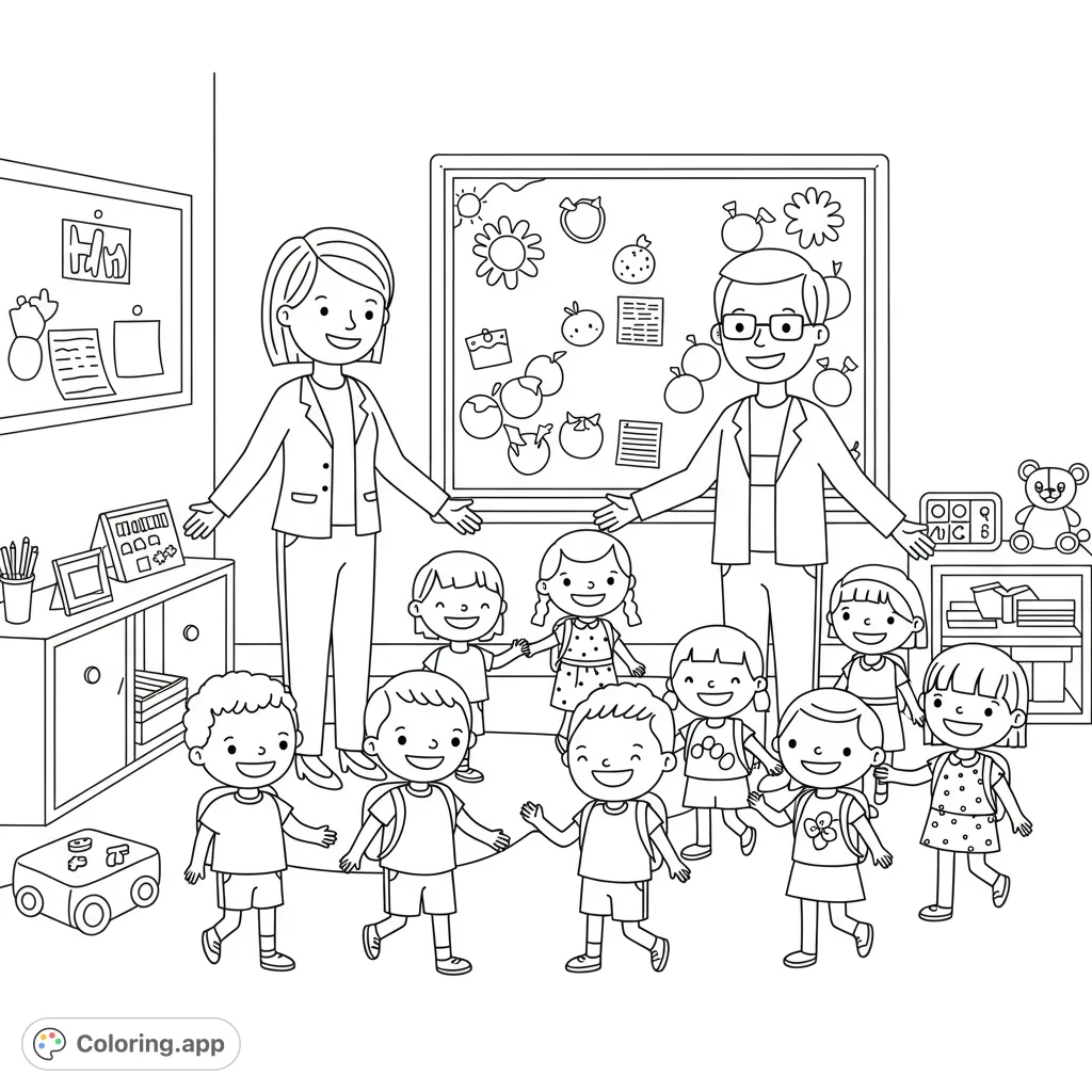 A heartwarming cartoony scene of two teachers welcoming a new preschool class, perfect for young colorists. Features bold lines and open spaces.