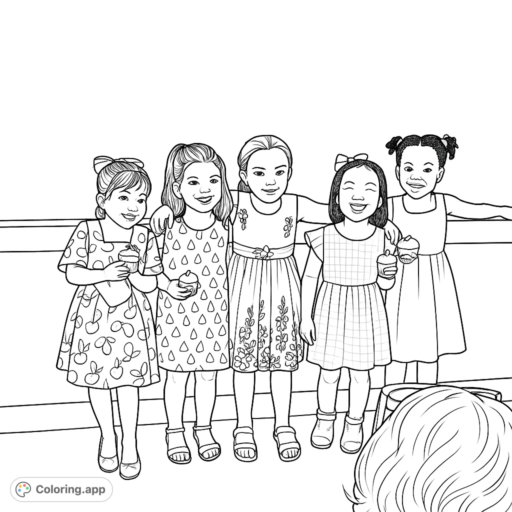 Five smiling girls holding cupcakes, each in a unique outfit, ready for a fun coloring adventure. Perfect for kids and adults!