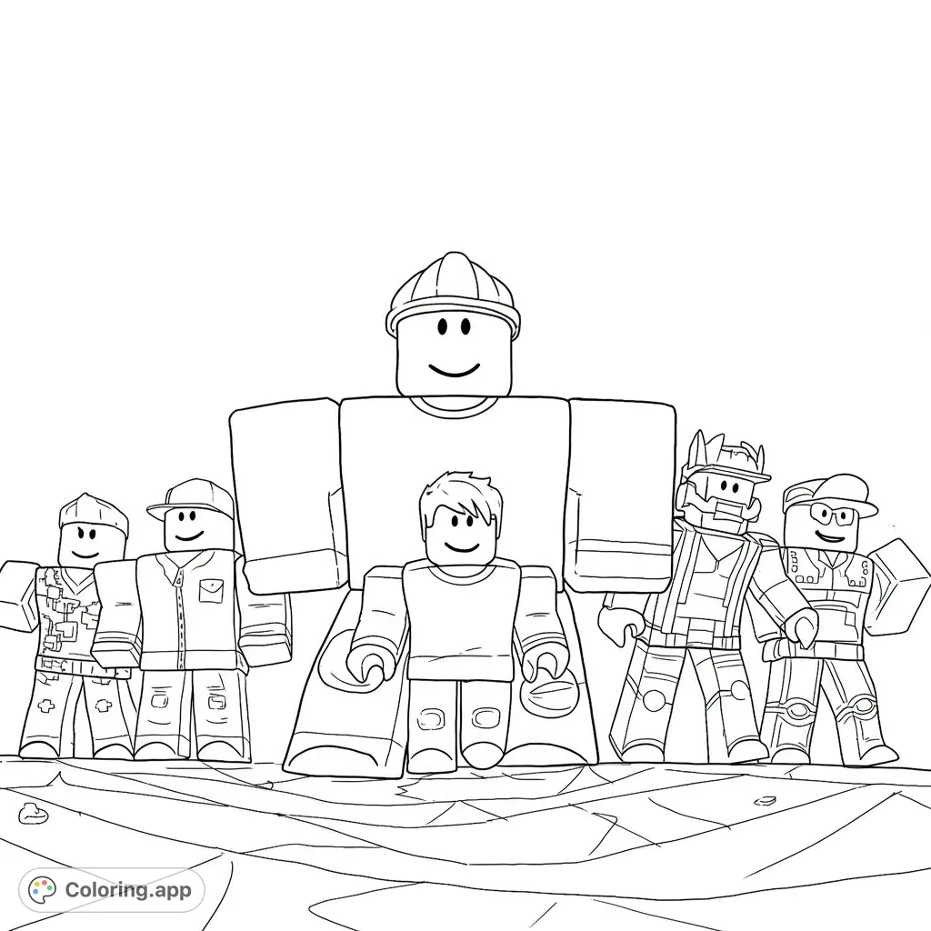 An exciting Roblox coloring page featuring popular characters from a low-angle perspective, appearing larger than life with bold, clean lines. Perfect for fans!