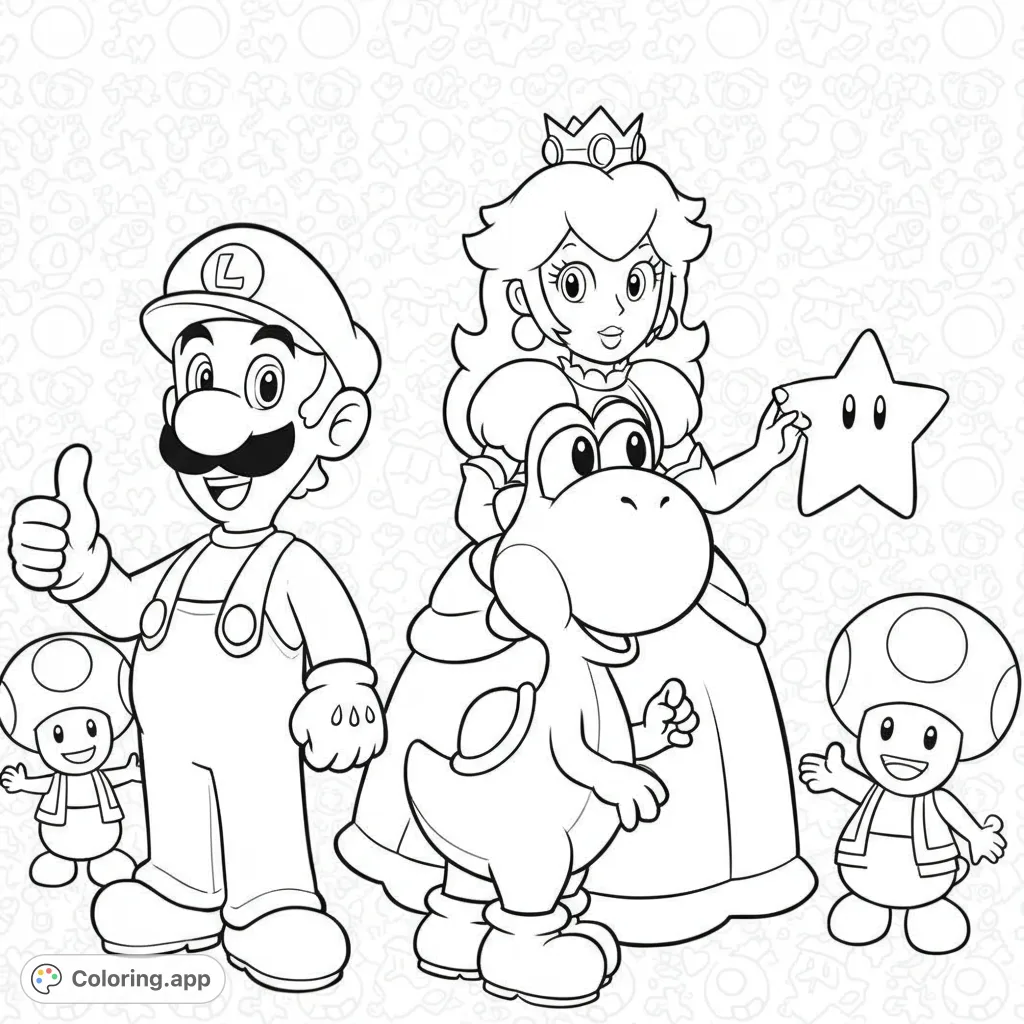 Join Mario, Luigi, Peach, and Yoshi in a fun, friendly Super Mario coloring page! Perfect for fans to bring their favorite characters to life.