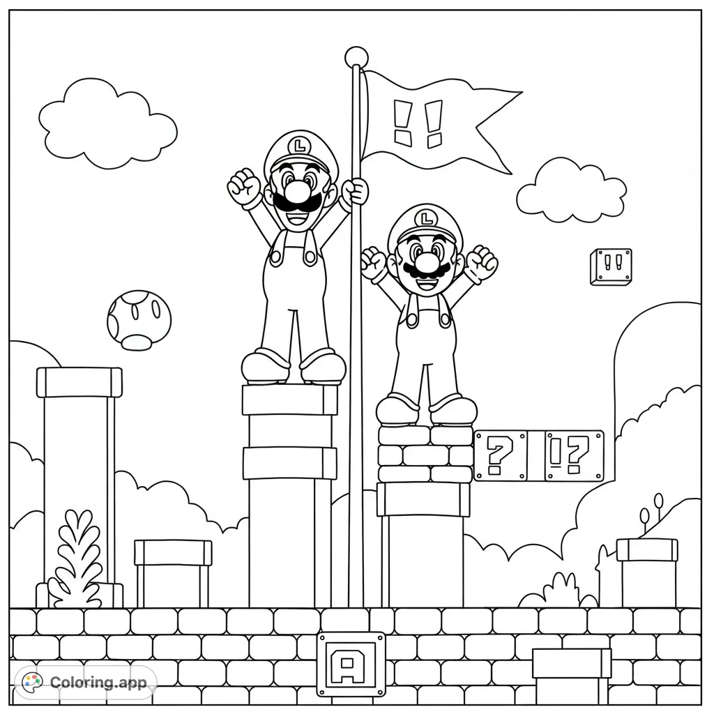 Celebrate Mario and Luigi's triumph on a flagpole, overlooking a classic landscape of pipes and blocks. A fun, free printable coloring page for all ages!