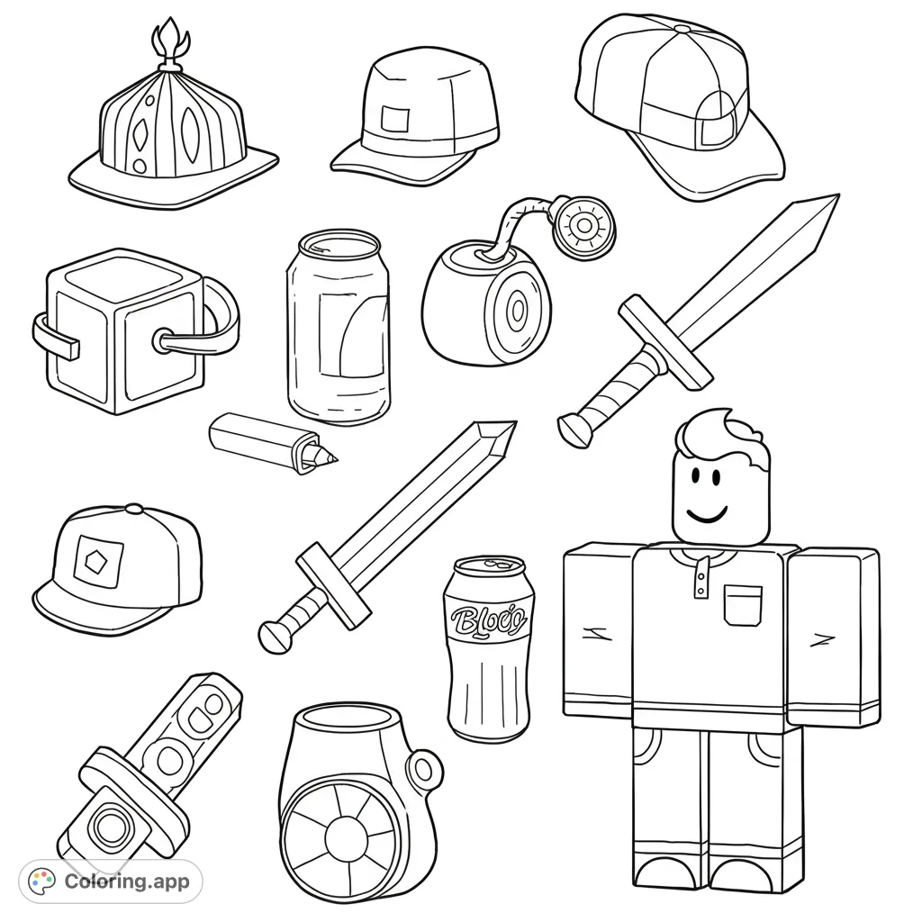 Dive into the world of Roblox with this free printable coloring page featuring iconic avatar accessories, hats, and tools. Perfect for fans of all ages!
