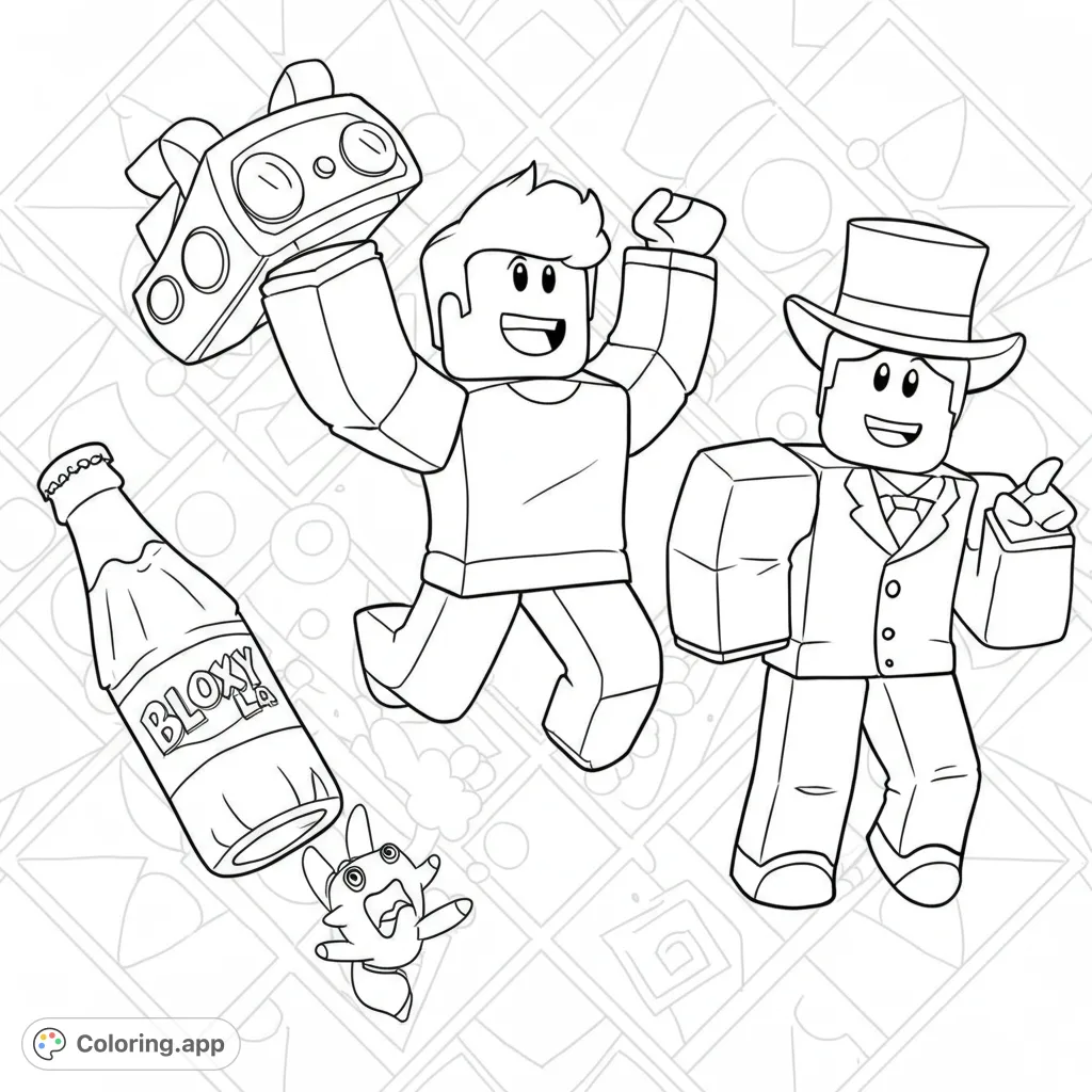 A dynamic Roblox coloring page featuring the Noob, Bloxy Cola, and a cool avatar in playful action against a fun geometric background. Perfect for fans!