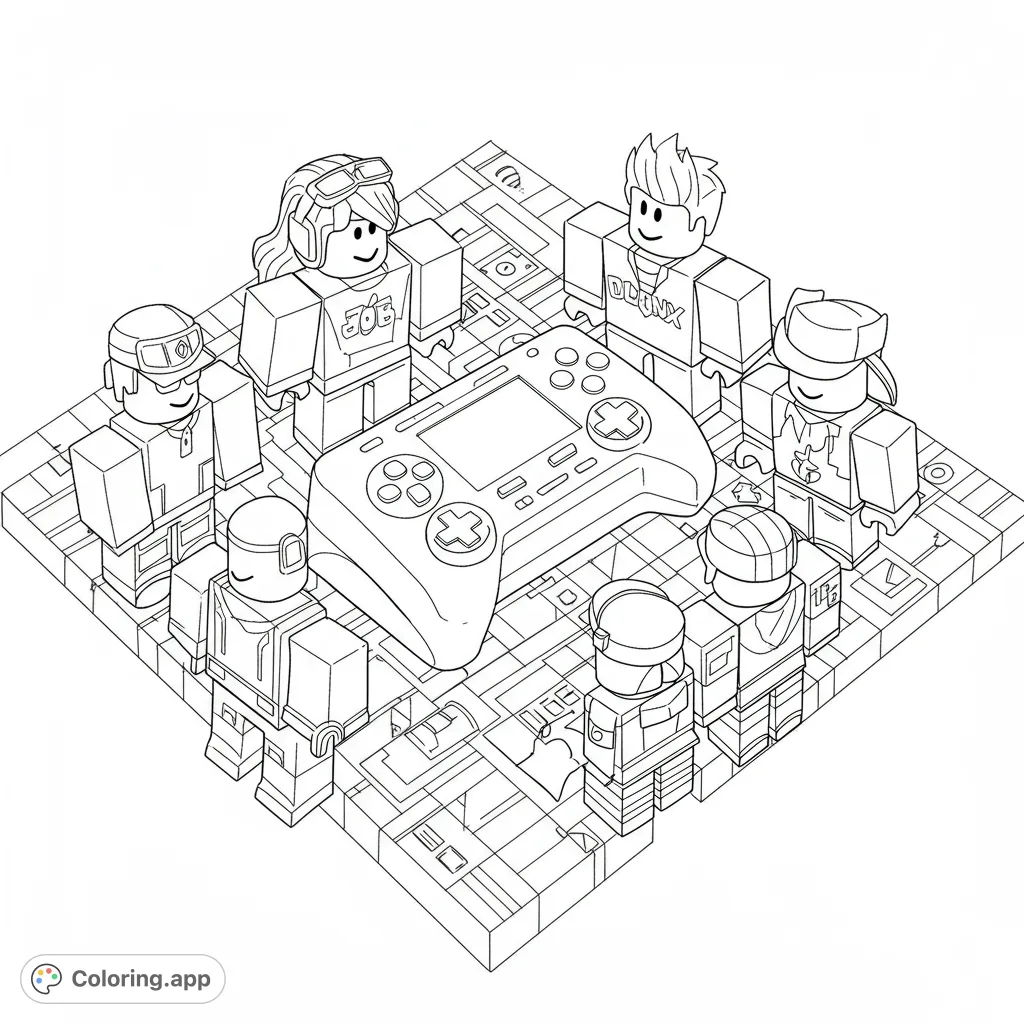 Top-down Roblox coloring page featuring popular characters gathered around a game controller, perfect for fans of all ages.