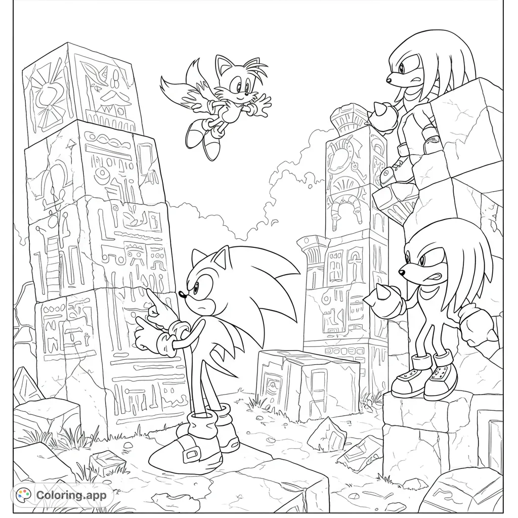 Join Sonic, Tails, and Knuckles on an epic adventure through ancient ruins! A dynamic black and white line drawing perfect for fans of all ages.